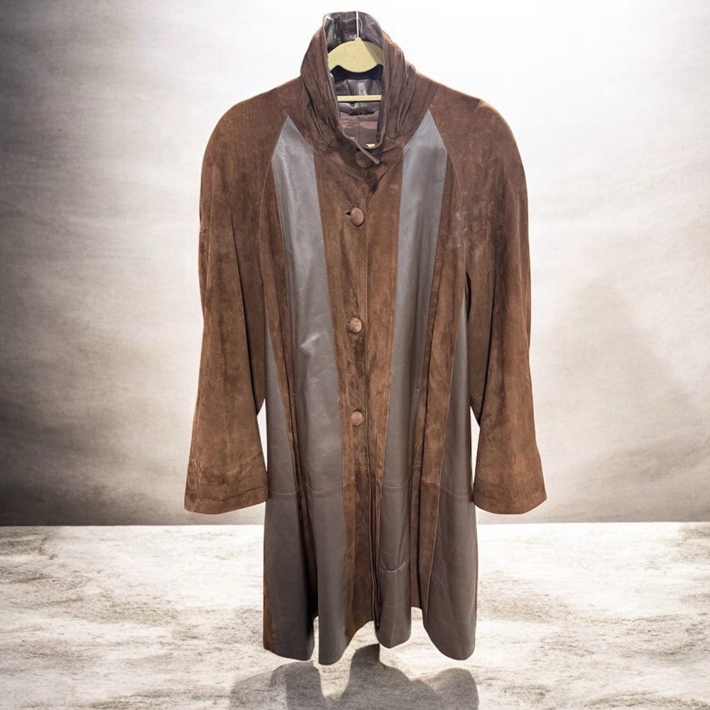 Il Fiorentino Italian Leather and Suede Button Front Swing Coat in Brown